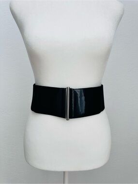 Eugenia Kim Black Patent Wide Waist Belt with Silver Bar / Size M